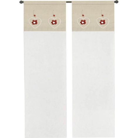 Tenda Finestra Porta Interno Coppia 2 pz Cuore Shabby Chic Tessuto Semitrasparente Rosso - 60x240 cm