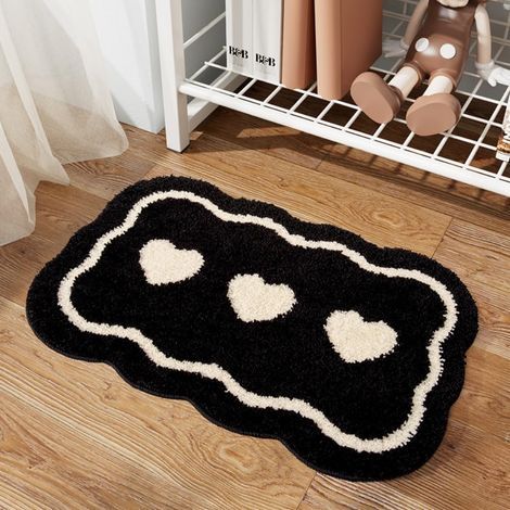 Tapis de bain noir et blanc en forme de cœur - tapis d'entrée absorbant et antidérapant - lavable en machine (noir) (1/4)