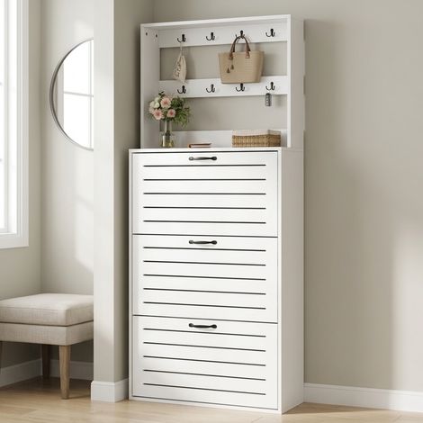 Schuhschrank mit 3 Klappen, 8 Haken und Stauraum, 70 x 25 x 165 cm, weiß HAVRYA (1/5)