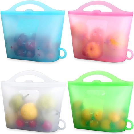 Lot de 4 sacs de conservation réutilisables 100 % silicone, adaptés à la conservation de tous types d'aliments, congelés ou frais. (1/3)