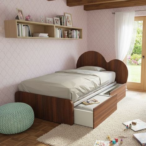 Letto a cuore 1 piazza e mezza con cassettoni - 120x190 cm - Made in Italy - Noce canaletto
