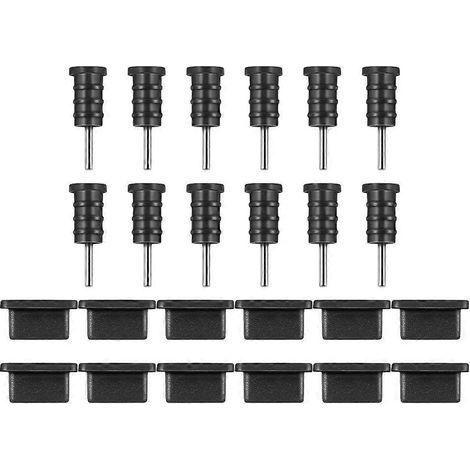 12 paires de bouchons anti-poussière pour prise jack d'écouteurs et ports USB-C pour téléphones Android-1.30X0.50X0.50CM-Black (1/4)