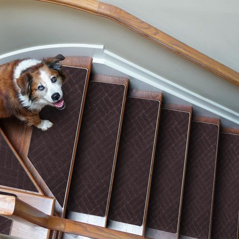Tapis d'Escalier Antidérapant Lot 15 Marchettes Autocollantes Intérieur Moquette Réutilisable pour Animaux Seniors Enfants Motif Losange Marron Foncé 76x20 cm (1/5)