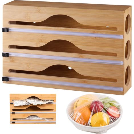Distributeur 3 en 1 Bambou pour Film Alimentaire et Papier Alu - Organisateur de Cuisine 34x23x7cm - Rangement Pratique (1/5)