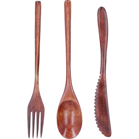 Ensemble 3 pièces couteau fourchette cuillère en bois portable pour dessert maison hôtel (1/5)