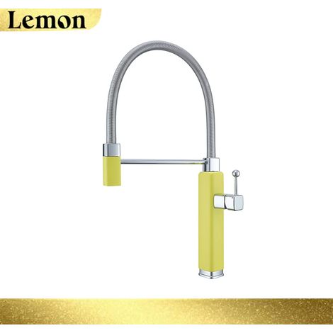 Robinet de cuisine moderne (jaune), à poignée unique, à cartouche céramique monotrou, douchette extractible pour eau chaude et froide (1/5)