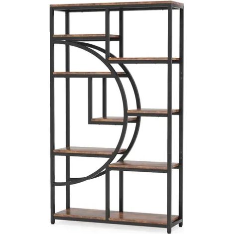 Libreria geometrica da terra con 9 ripiani aperti, metallo nero effetto legno (1/5)