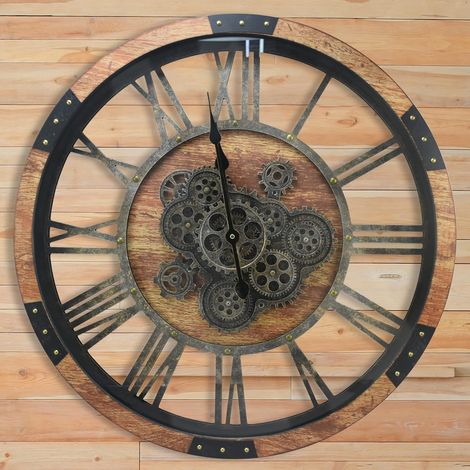 Horloge Murale Engrenages Mobiles Geante 68cm Industrielle Bois Massif Vintage Pendule Murale Silencieuse Steampunk Chiffres Romains pour Salon Cuisine Bar Bureau (Bois Brun) (1/5)