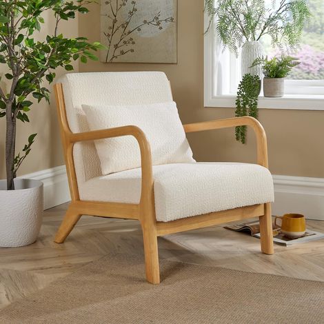 Boucle Wooden Armchair Teddy Fur Cream Modern Home Chair Furniture Seating