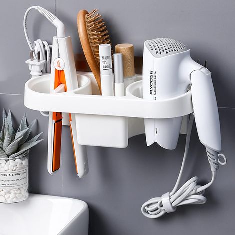 CSPARKV Soporte para secador de pelo de pared, autoadhesivo, sin perforaciones, organizador de almacenamiento multifuncional para baño con hebilla de enchufe, secador de pelo, cepillo de dientes, cosm