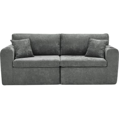 2-Sitzer-Relaxsofa aus grauem Chenille mit Seitentasche, Becherhaltern und Kissen (1/5)
