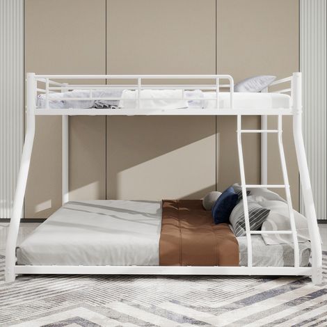Lit superposé 90x190 cm, cadre de lit en métal, lit enfant, avec escalier et barrières de sécurité sur toute la longueur, lit adolescent, lit simple - Blanc (1/5)