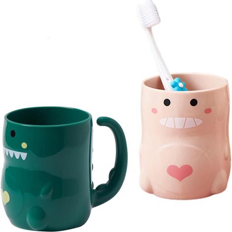 Vasos para cepillos de dientes infantiles con asa, fabricados en plástico resistente, con diseño de dinosaurio, perfectos para viajes y acampadas (juego de 2). (1/5)
