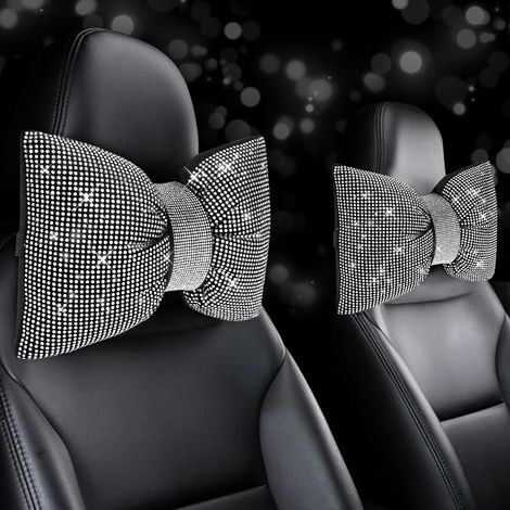 Lot de 2 coussins d'appui-tête de voiture à nœud papillon et strass brillants – Soutien cervical en cristal et diamant pour le conducteur, coussin cervical rafraîchissant et relaxant, accessoires de v (1/5)