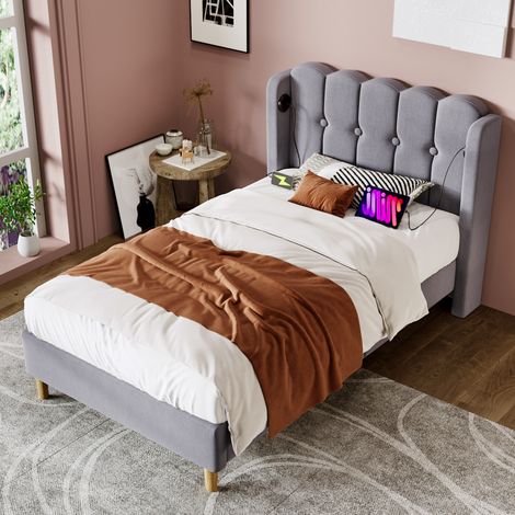 Letto singolo per adulti 90x200 cm, con rete a doghe e ricarica USB Type C, in tessuto di lino grigio, senza materasso (1/5)