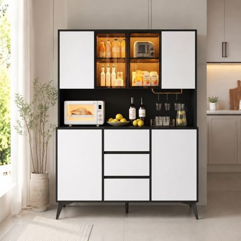 MEUBLIV Credenza alta da cucina nera e bianca con vetrina LED, 3 cassetti e 3 ante (1/5)