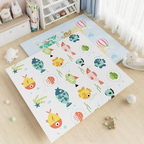 Tapis de Jeu Bébé Réversible 200x180cm, Tapis d'éveil Enfant Pliable Imperméable Double Face, Matériau XPE, Poissons+Carte (1/5)