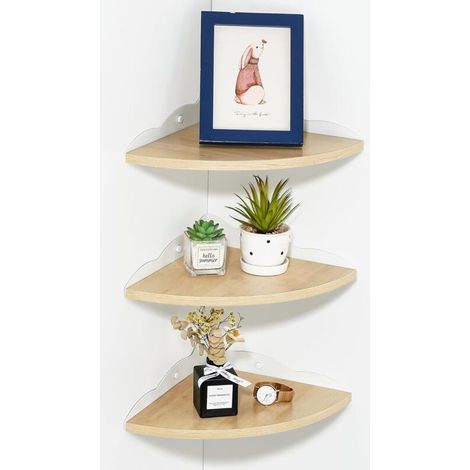 3er-Set rustikale, schwebende Eckregale aus Holz, hellbraun, zur Wandmontage, für Küche, Schlafzimmer und Wohnzimmer, inklusive Befestigungsmaterial, 27 cm Radius (1/5)