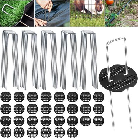 Verzinkte Stahlheringe, 100 Stück + 30 Unterlegscheiben, Rasenheringe, Gartenheringe, Erdnägel für Mulchvlies, Maschendraht und Netze - 150 mm lang, 30 mm breit, Ø 3 mm (1/5)