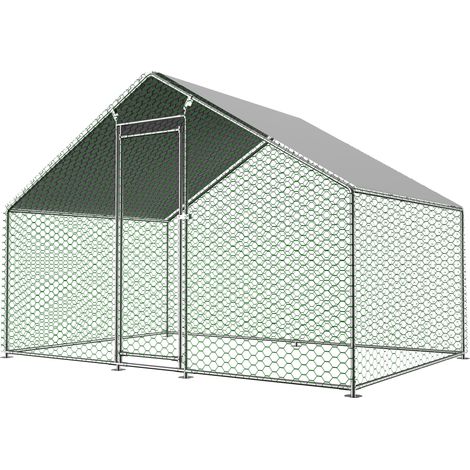 Enclos extérieur poulailler 3x2x2m avec cadenas de sécurité et bâche PE étanche, enclos métallique pour poulets, lapins et autres petits animaux (1/5)