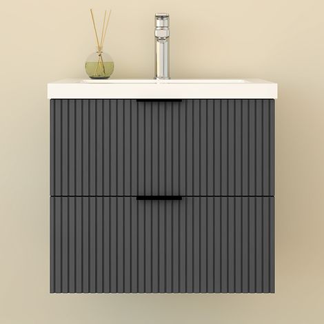 Aica Meuble de Salle de Bain suspendu 60 cm Anthracite - Avec 2 tiroirs + vasque