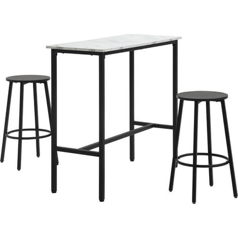 Ensemble de bar pour 2 personnes comprenant 1 table et 2 tabourets. Plateau en imitation marbre blanc avec cadre en acier (1/5)