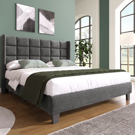 Redom – Lit capitonné 140x200cm en tissu gris – Sommier à lattes – Tête de lit rembourrée – Montage facile avec Velcro (1/5)