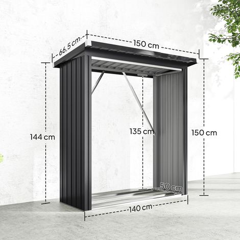 Brennholzschuppen, Feuerholzunterstand, Stahl, erhöhter Boden, Schrägdach, 150 x 66,5 x 150 cm, Dunkelgrau (1/5)
