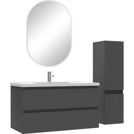 Ocean ensemble meubles Salle de Bain 100cm vasque + colonne + miroir ovale Anthracite (1/4)