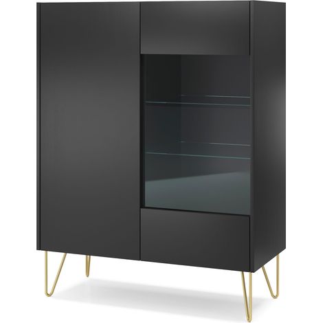 Vitrine : 2 portes, 5 étagères, noir graphite / marbre noir, 97 x 122 x 37 cm (1/5)