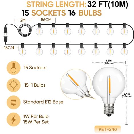 Guirlande lumineuse LED G40 incassable de 10 m (32 pi) avec 15 ampoules et prise européenne, étanche, connectable, pour extérieur, décoration et camping. (1/5)