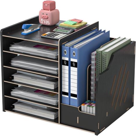 1 Organiseur de bureau, MDF, tiroir coulissant, compartiments multiples, support fichiers A4, pour maison bureau école (1/5)