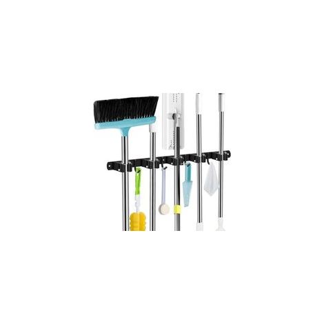 Accroche Balai Mural, 5 Supports + 4 Crochets Noir Porte Balais Mural, Support Balais Mural, Porte Balais Mural Sans Percage, Rangement Balai, Attache Balai Mural (1/4)