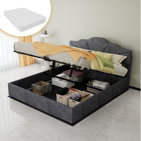 Letto matrimoniale imbottito 160x200 cm con materasso OKMYHOME (1/5)