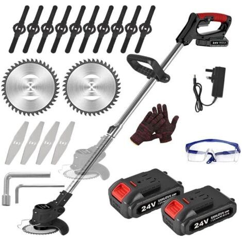 Débroussailleuse Électrique sans Fil 24V, Coupe Bordure sans Fil avec 2 Batteries 2000mAh, 6 Lames Métal & 10 Lames Plastique pour Jardin, Pelouse et Désherbage