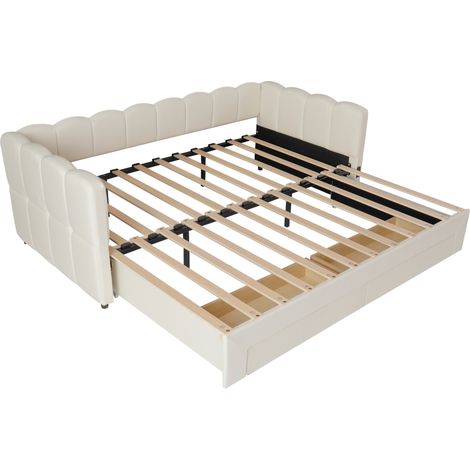 Lit banquette rembourré beige en lin avec 2 tiroirs, USB, extensible jusqu'à 180 cm, 90x190 cm (1/5)
