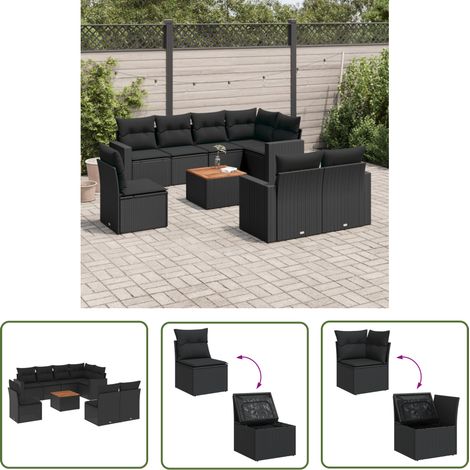 The Living Store 9-tlg. Garten-Sofagarnitur mit Kissen Schwarz Poly Rattan - Gartenmöbel Set - Esszimmergarnitur - Outdoor Möbel - Lounge Garnitur - Rattan Gartenmöbel (1/5)
