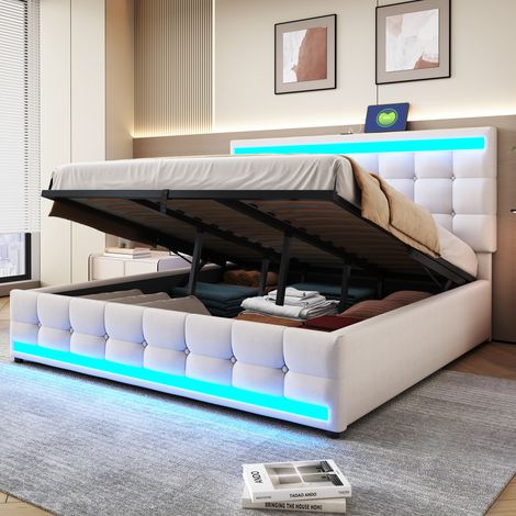 REDOM Lit double 180x200 cm Tête de lit réglable éclairage LED ports USB tissu beige (Sans matelas) (1/5)