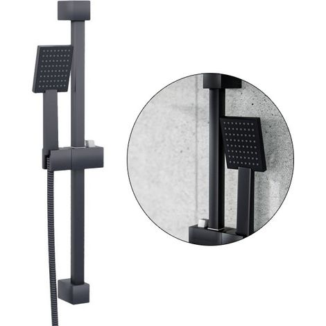 Matt Black Shower Riser Rail Kit Square Adjustable + Single Function Head + Hose
