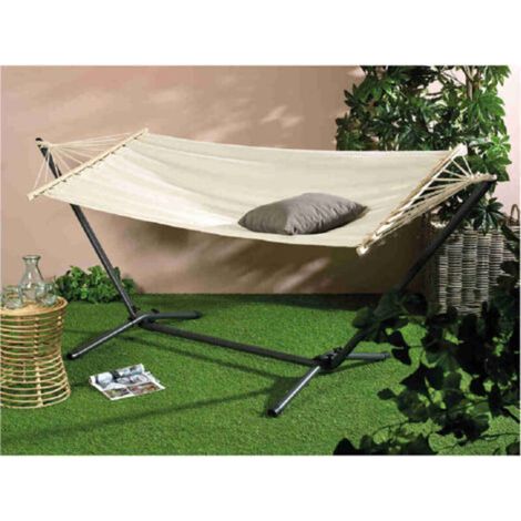 Freistehende Hängematte 100 x 200 cm – Weiße Baumwolle – 1 Person – Maximale Belastung 120 kg – Birkenholzstangen (1/5)