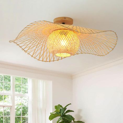 Plafonnier Bambou Tissé,Boho Luminaires Intérieur E27 Suspension Rotin Pour Cuisine,Plateau Supérieur En Bois,Décoration Lustre Salon Pour Chambre Restaurant,65Cm (1/5)