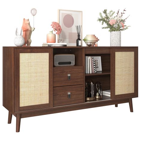 Sideboard mit 3 Schiebetüren aus echtem Rattan und 2 Schubladen, 155x38x80 cm, atmungsaktiv, stabil und vielseitig