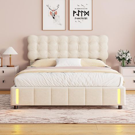 Polsterbett 160x200 cm für Erwachsene - Doppelbett mit Bettkasten, sensorischer LED-Beleuchtung und hydraulischem Stauraum - Samt - Beige