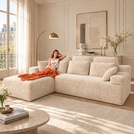Canapé d'angle beige convertible réversible avec méridienne, canapé modulairee dossier haute, canapé-lit à assise profonde sans assemblage