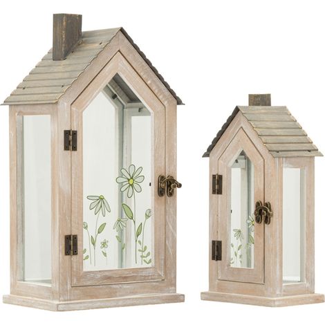 Lot de 2 Lanternes en Bois "Home Flower" 36cm Naturel (1/5)