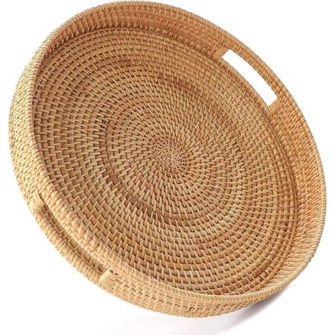 Bandeja redonda de ratán tejida a mano de 30 cm con asa. Bandeja decorativa de ratán para mesas de centro. Color natural - Tamaño mediano. (1/5)