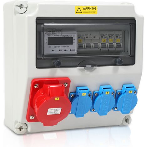 Wolketon Distributore di corrente a parete con contatore elettrico trifase e MCB, distributore di corrente da cantiere con 3 prese Schuko CEE 32A