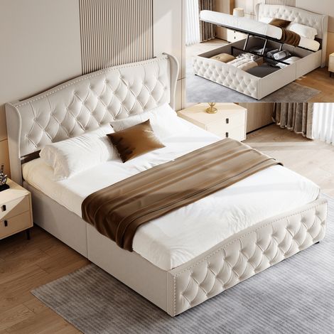 Lit coffre 140x200 cm avec rangement hydraulique, Cadre de lit 140x200 avec sommier et tête de lit design rivet, Velours, Beige (1/5)