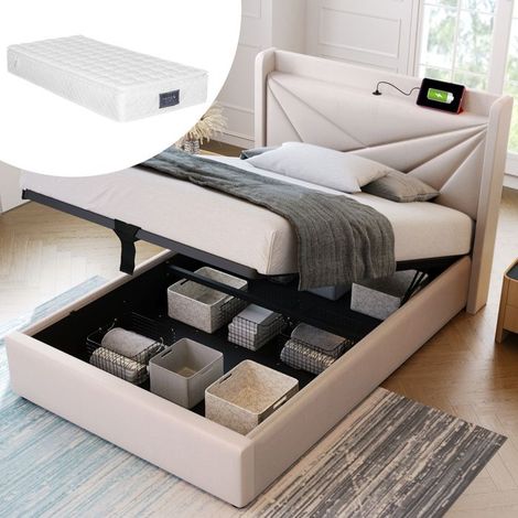 Lit 1 personne avec sommier et matelas, lit simple 90x200 avec chargement USB et type C, tête de lit géométrique, Lin, beige (1/5)