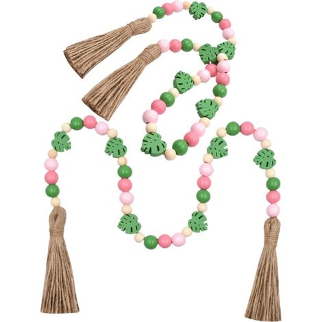 Guirlande de Perles en Bois avec Pompons et Feuilles Décoratives Rustiques, Corde de Lin, 2 Pièces, Décoration Suspendue pour Plateau à Plusieurs Niveaux (1/5)